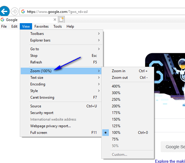 Configuring IE Browser - 100 percent zoom