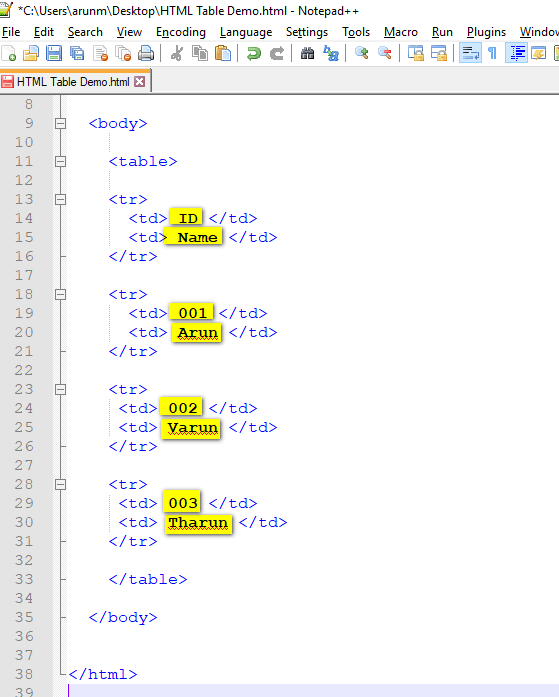 Table - table data and headings