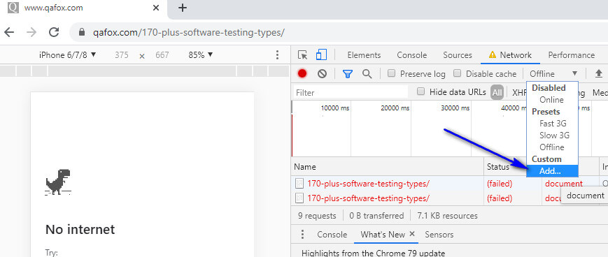 Select Custom Add Network Throttling Option